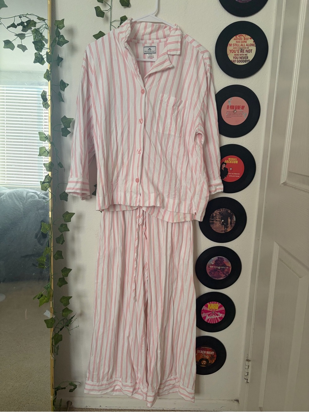 Women's Pink & White Stripe Button-Front Pajama Set